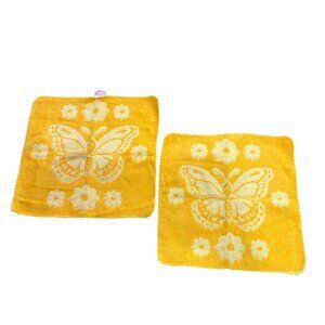 VTG Mary's Yellow Butterfly Floral Washcloth Set - 11.75" Cotton Polyester USA